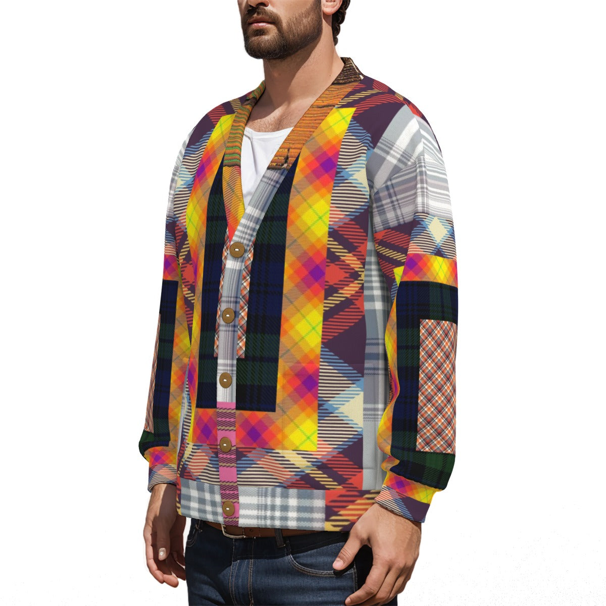 Cardigan unisexe KRAAA – Maille imprimée intégrale, col en V et fermeture à boutons