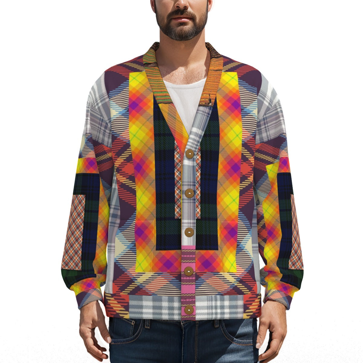 Cardigan unisexe KRAAA – Maille imprimée intégrale, col en V et fermeture à boutons