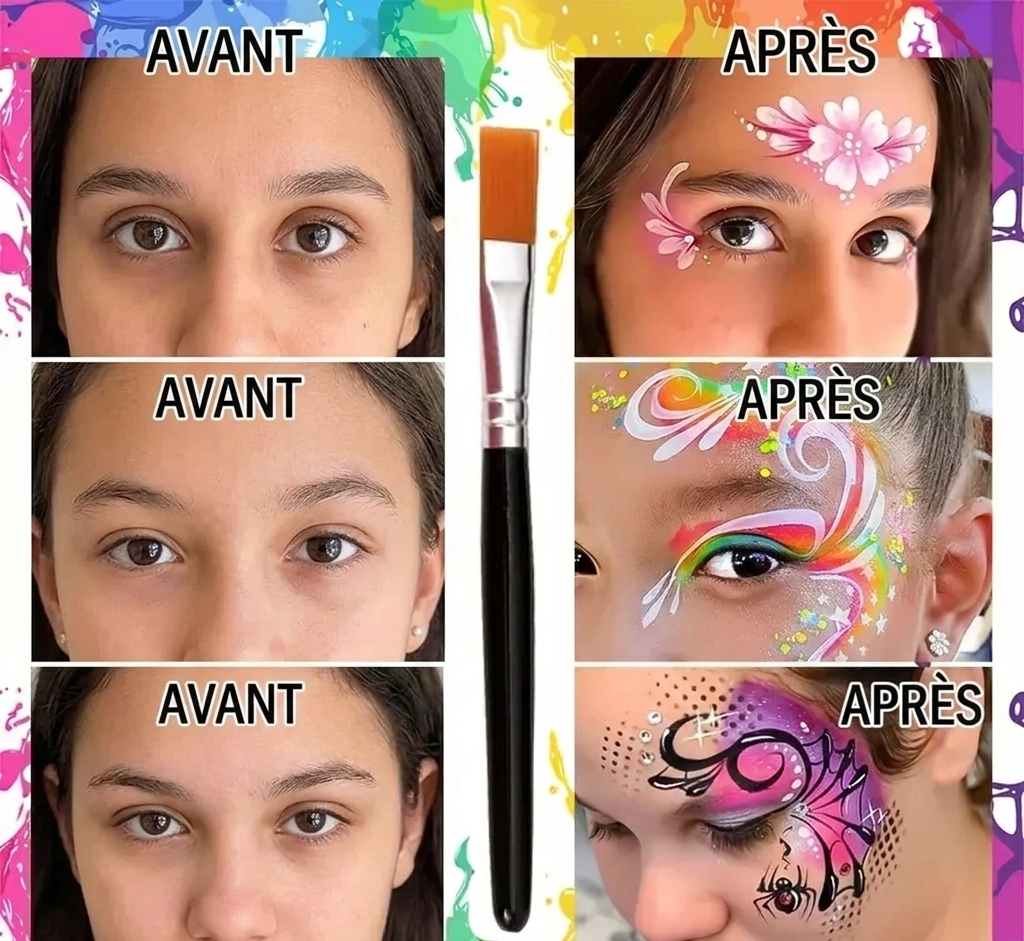 Kit Maquillage Visage Enfants & Adultes – Palette 10 Couleurs avec Pochoirs (Halloween, Anniversaire, Carnaval)
