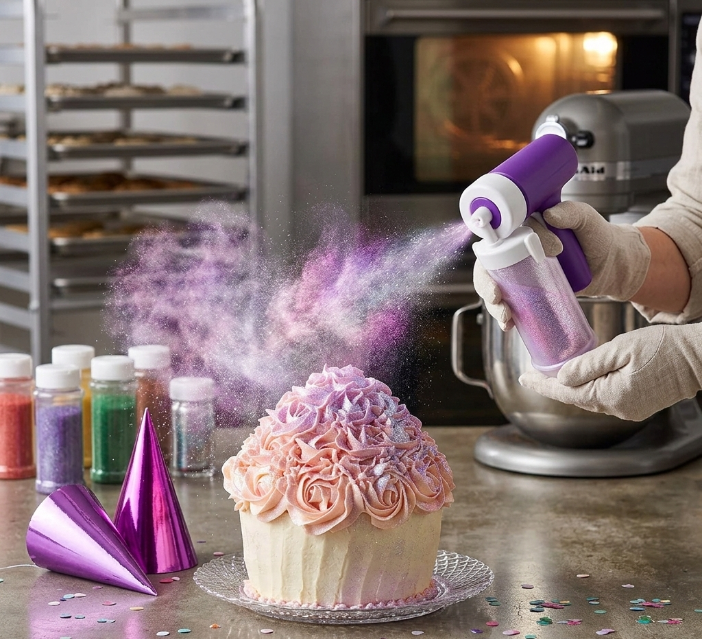 Pistolet aérographe manuel pour décoration de gâteaux et desserts. Conçu pour appliquer uniformément des colorants alimentaires liquides, glaçages légers ou effets décoratifs sur pâtisseries.