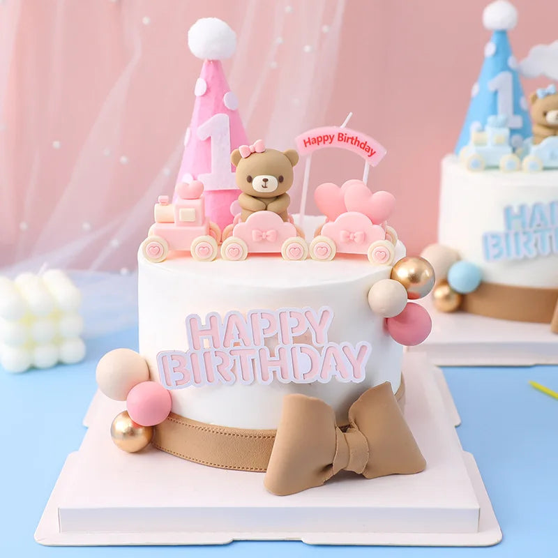 Cake Topper Ourson Rose & Bleu – Décoration Anniversaire 1 an & Baby Shower