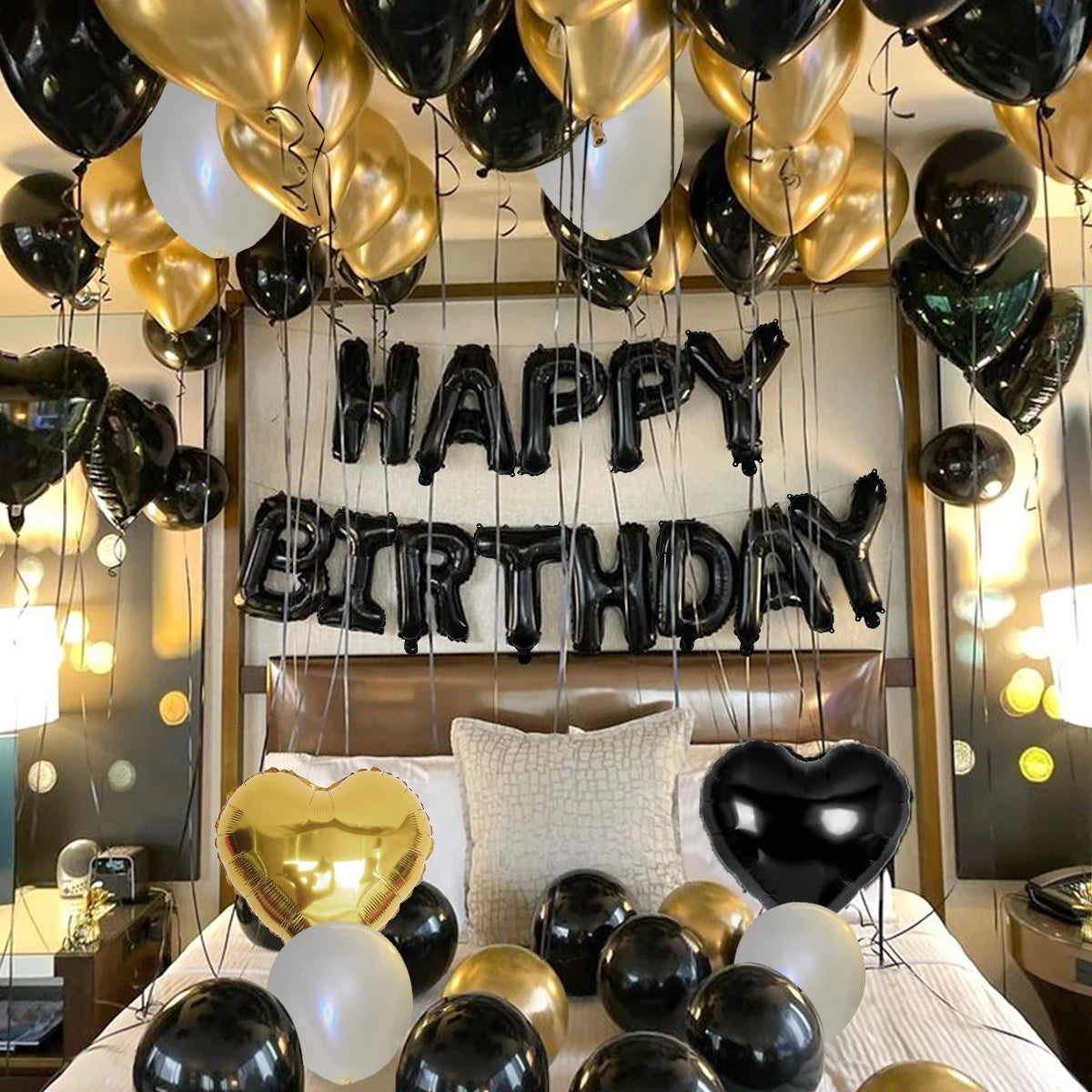 42pcs black and gold birthday letter balloon set, love heart balloons, birthday party, party scene decorations happybirthday