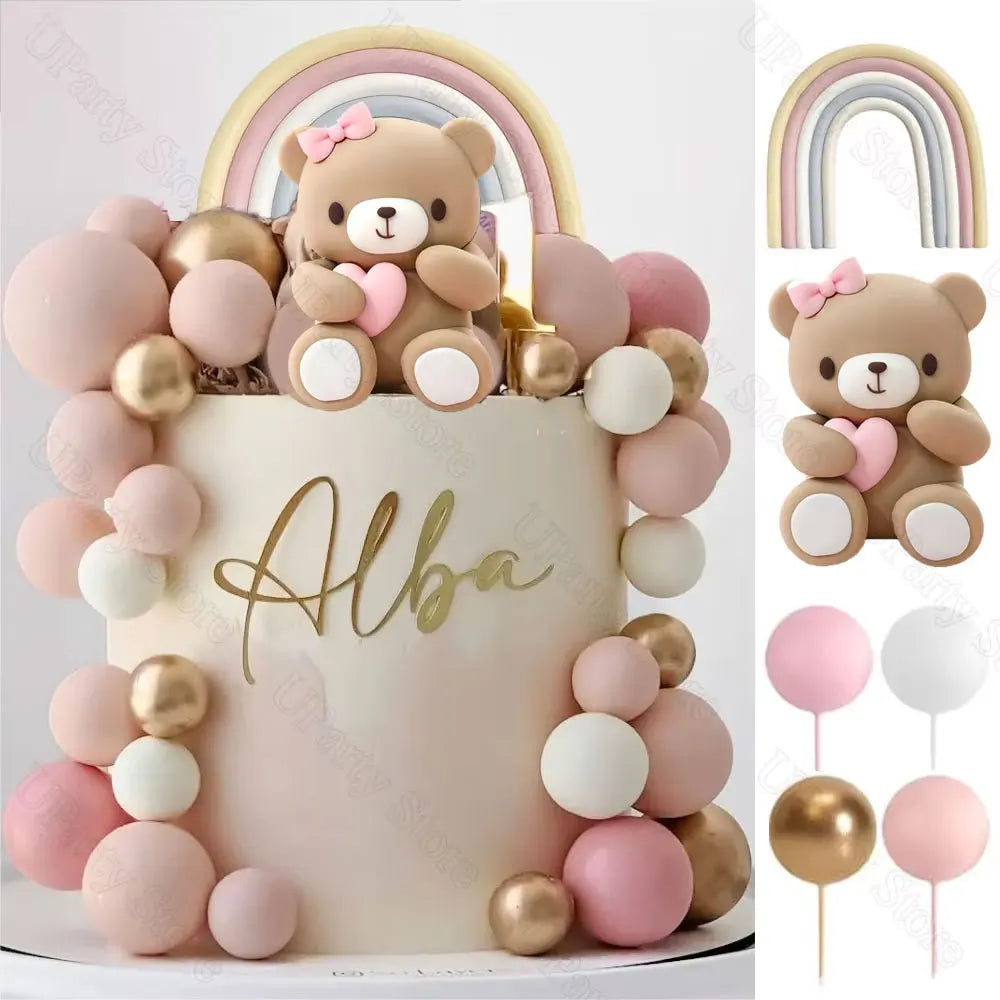 1 Set Pink Bear Cake Toppers Boho Rainbow Nude Baby Pink Balls Cake Decorations for Birthday Baptism Baby Shower Party Favor