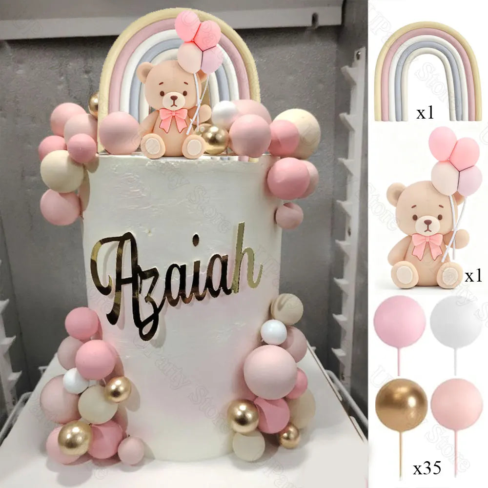 1 Set Pink Bear Cake Toppers Boho Rainbow Nude Baby Pink Balls Cake Decorations for Birthday Baptism Baby Shower Party Favor