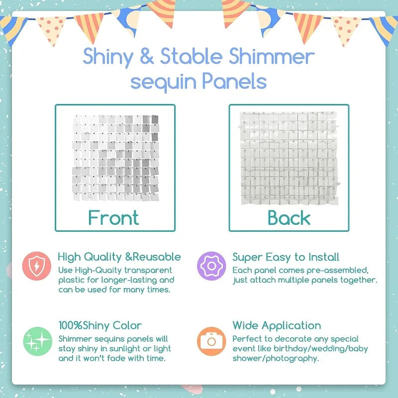 12/16/18/24PCS Shimmer Wall Backdrops silvery Square Sequin Wall Panel Backdrops Party Backdrops for Wedding Birthday Decor