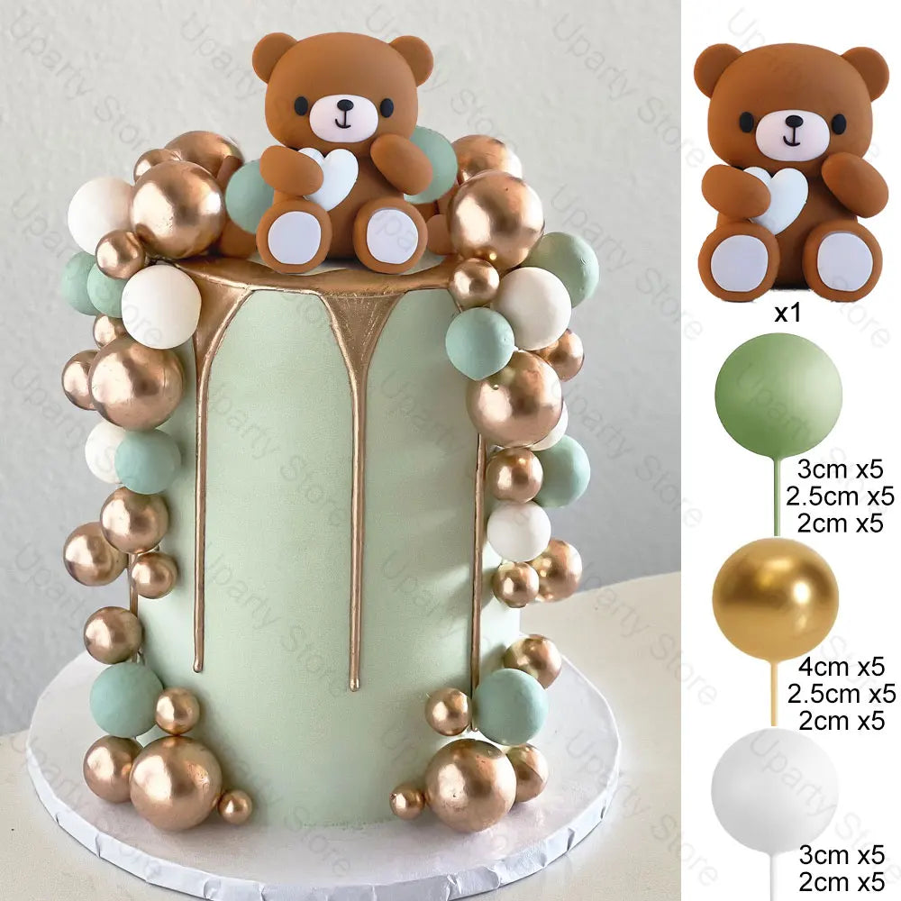 1 Set Pink Bear Cake Toppers Boho Rainbow Nude Baby Pink Balls Cake Decorations for Birthday Baptism Baby Shower Party Favor