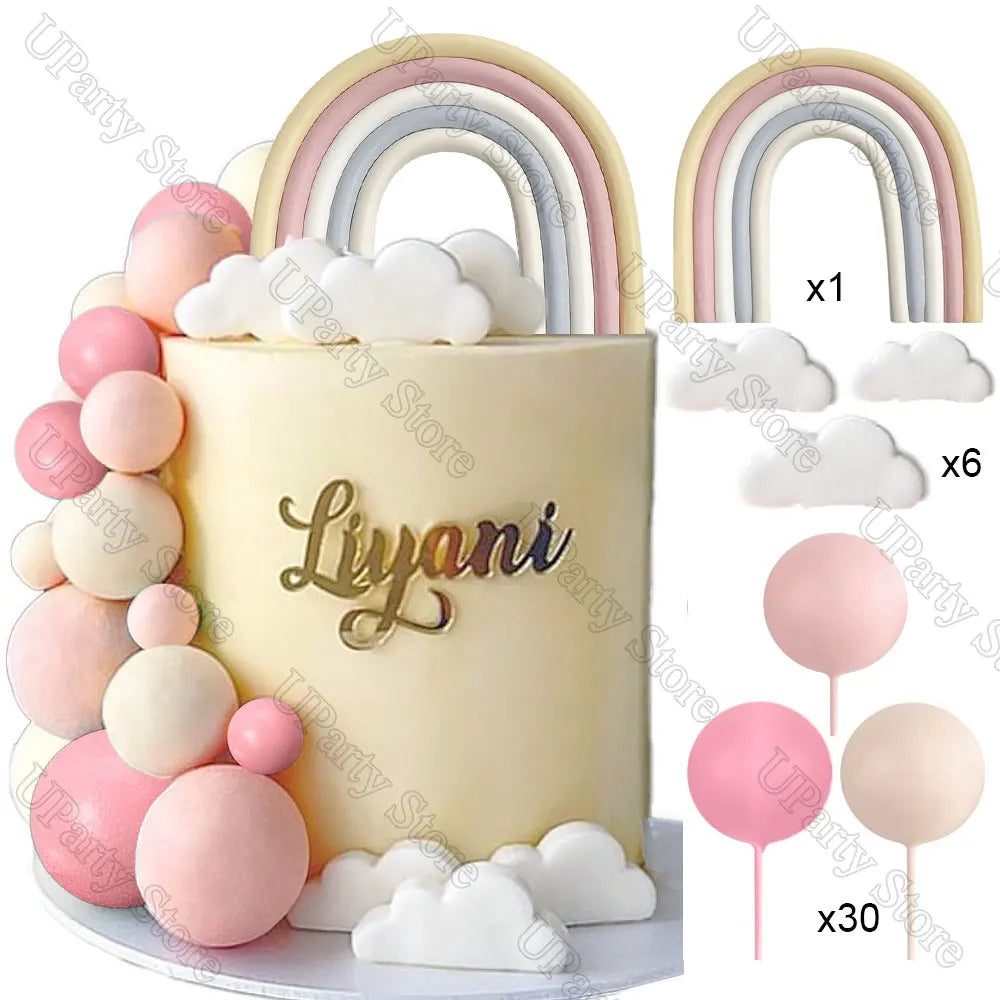 1 Set Pink Bear Cake Toppers Boho Rainbow Nude Baby Pink Balls Cake Decorations for Birthday Baptism Baby Shower Party Favor