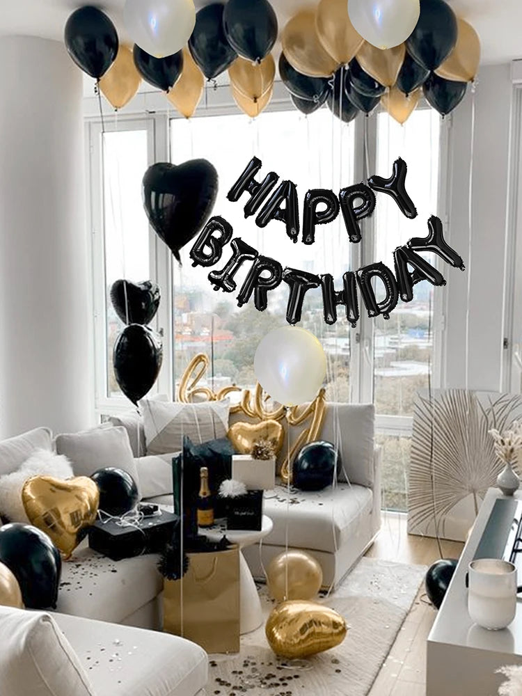 42pcs black and gold birthday letter balloon set, love heart balloons, birthday party, party scene decorations happybirthday