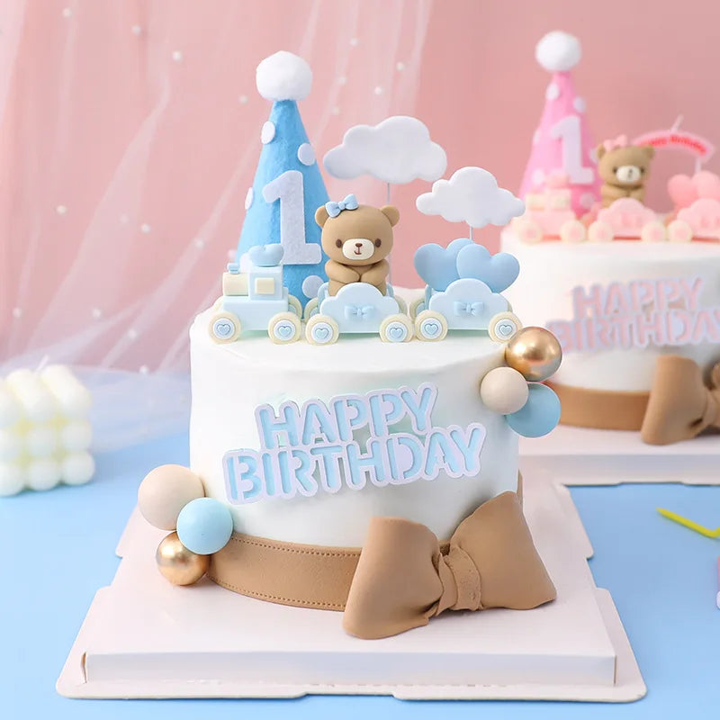 Cake Topper Ourson Rose & Bleu – Décoration Anniversaire 1 an & Baby Shower