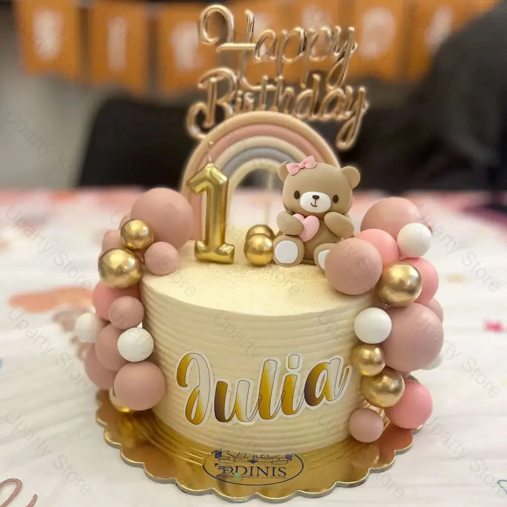 1 Set Pink Bear Cake Toppers Boho Rainbow Nude Baby Pink Balls Cake Decorations for Birthday Baptism Baby Shower Party Favor